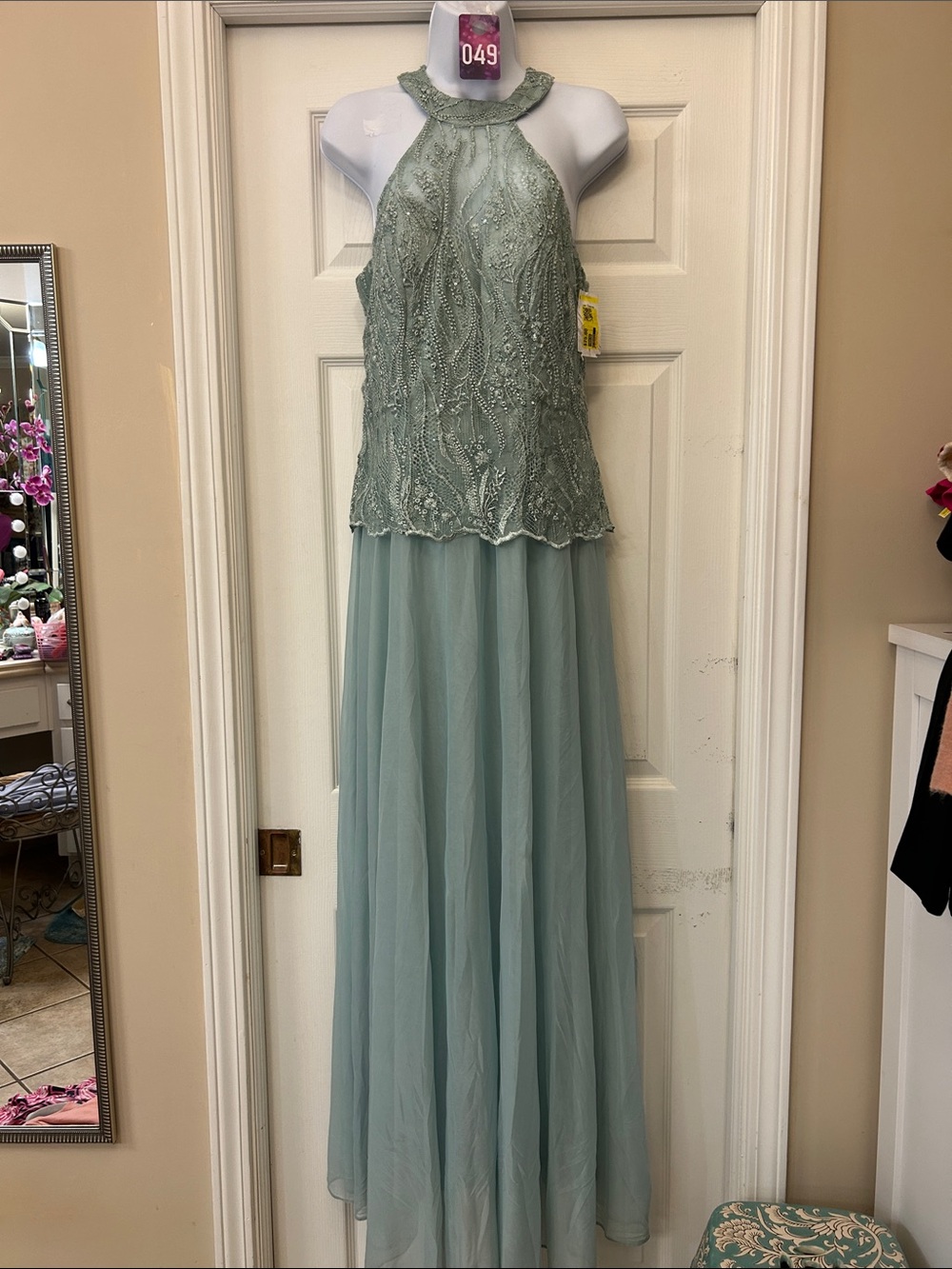 MARINA Beaded Halter Maxi Dress in Sage Green